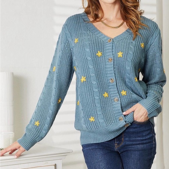 NEW HEYSON PLUS + REG SIZE Floral Embroidered Chunky Cable Knit Cardigan Sweater - Picture 6 of 12